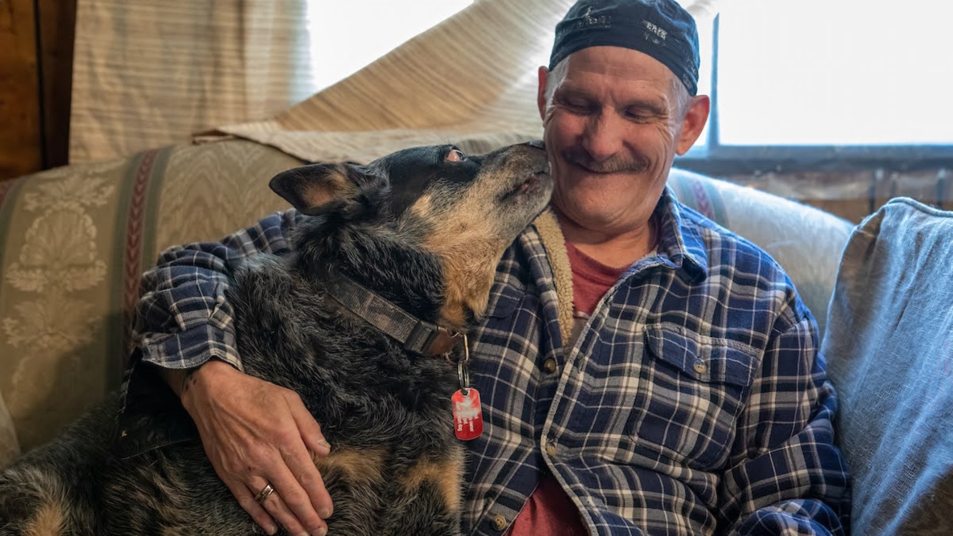 Older white man with a German Shepherd dog