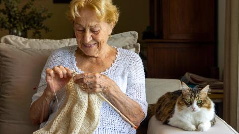 Older white woman knitting with a cat sitting next to her